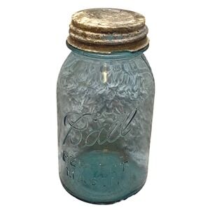 Antique Blue Glass Ball Mason Jar Zinc Lid Stamped 8 on‎ Bottom